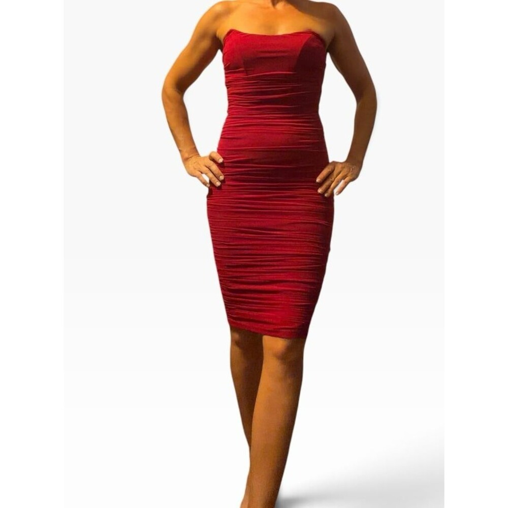 Fashion Nova Red Strapless Ruched Bodycon Bones Knee-Length Dress xs